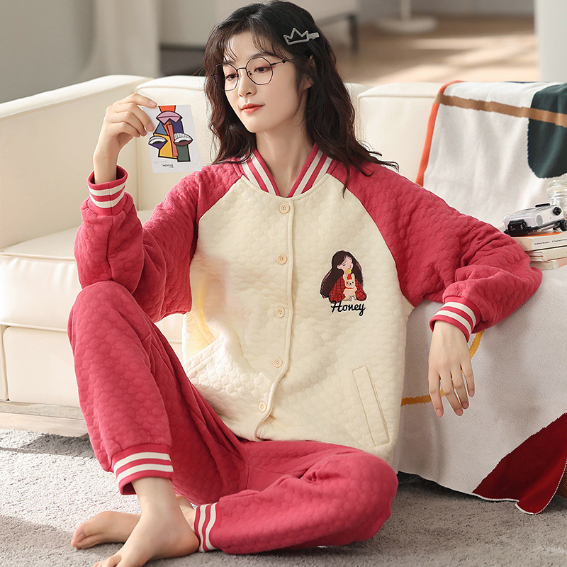 Autumn and winter women's long-sleeved pajamas three-layer pure cotton thickened warm air cotton interlayer cotton home baseball collar suit set