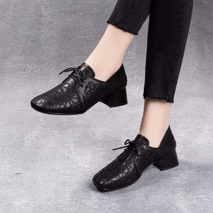 Single shoe female 202 autumn and winter new sun flower embroidery lace-up women's shoes one shoe two wear middle heel loafer casual shoes