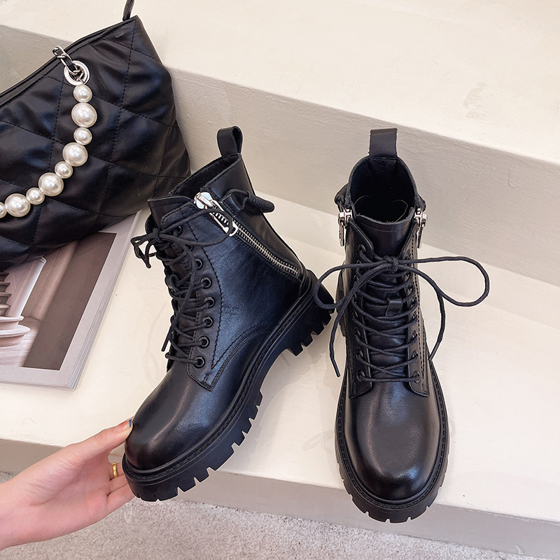 Top leather side zipper Martin boots women's 202 autumn/winter round toe black ankle boots a hair replacement leather boot
