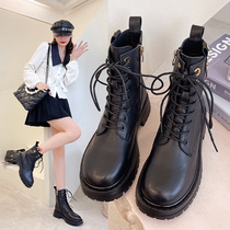 Black English Style Martin boot woman 202 Autumn/winter new side zipper round head casual ankle boot a hair replacement leather boot