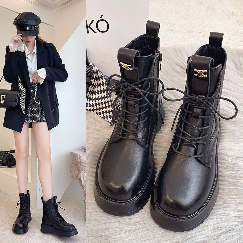 头层牛皮马丁靴女英伦风侧拉链真皮圆头厚底短靴一件代发黑色皮靴