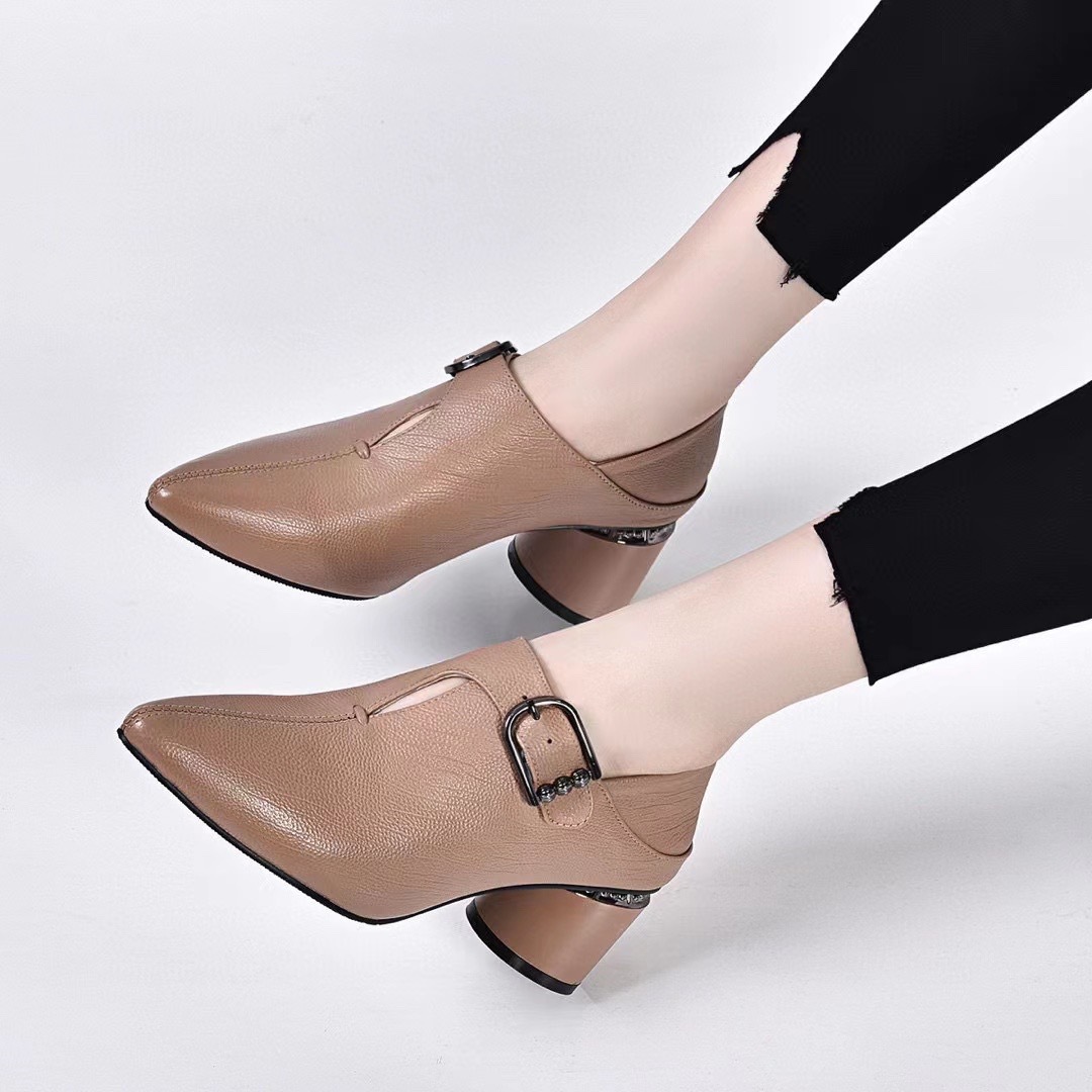 女鞋202秋季新款经典尖头深口舒适单鞋头层牛皮粗跟皮鞋两穿女鞋