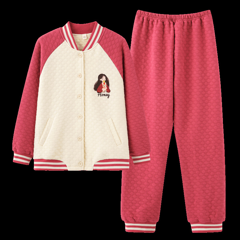 Autumn and winter women's long-sleeved pajamas three-layer pure cotton thickened warm air cotton interlayer cotton home baseball collar suit set Item Picture