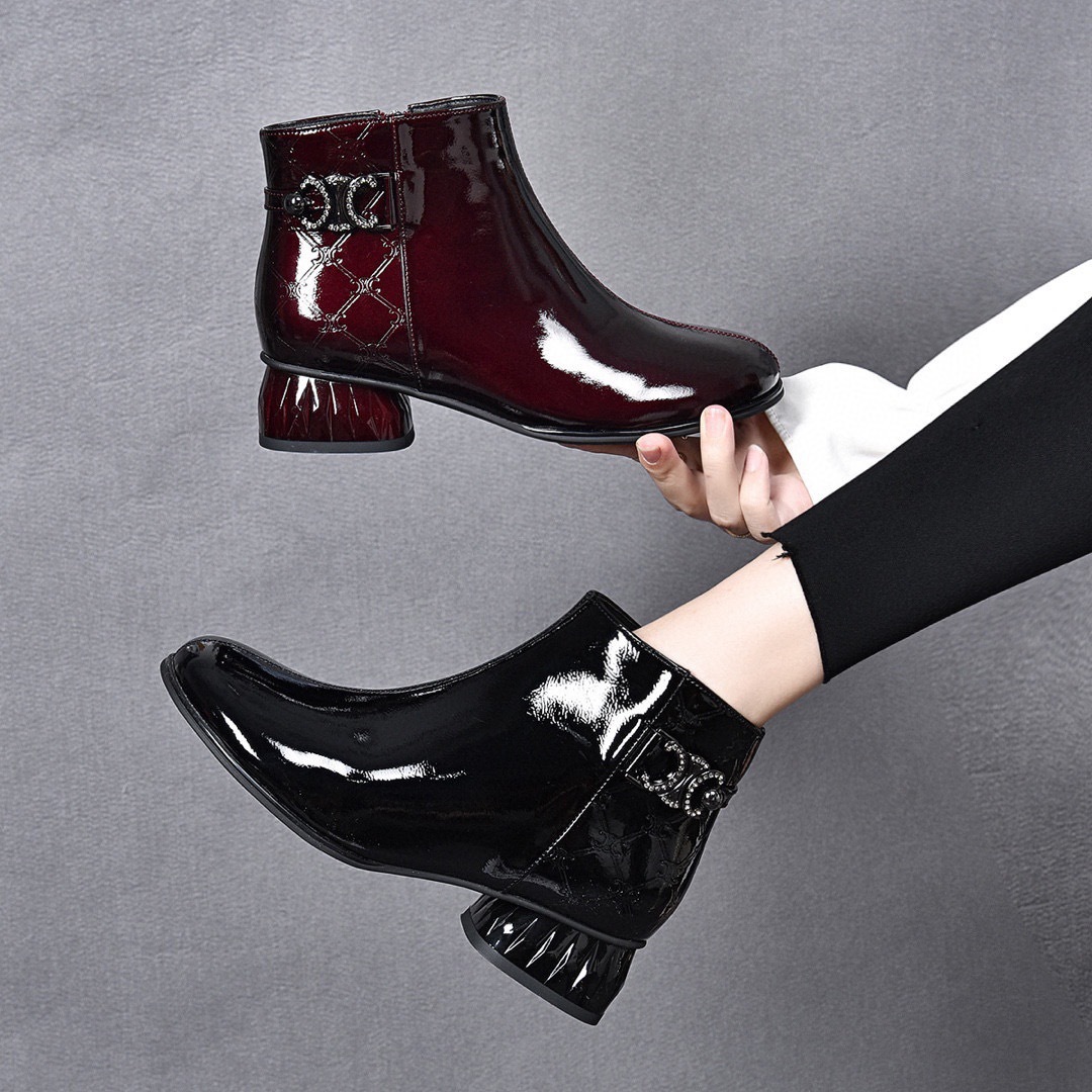 Women's boots 202 autumn/winter new top layer cow patent leather round head rhinestone button side zipper ankle boots low heel bare boots leather boots