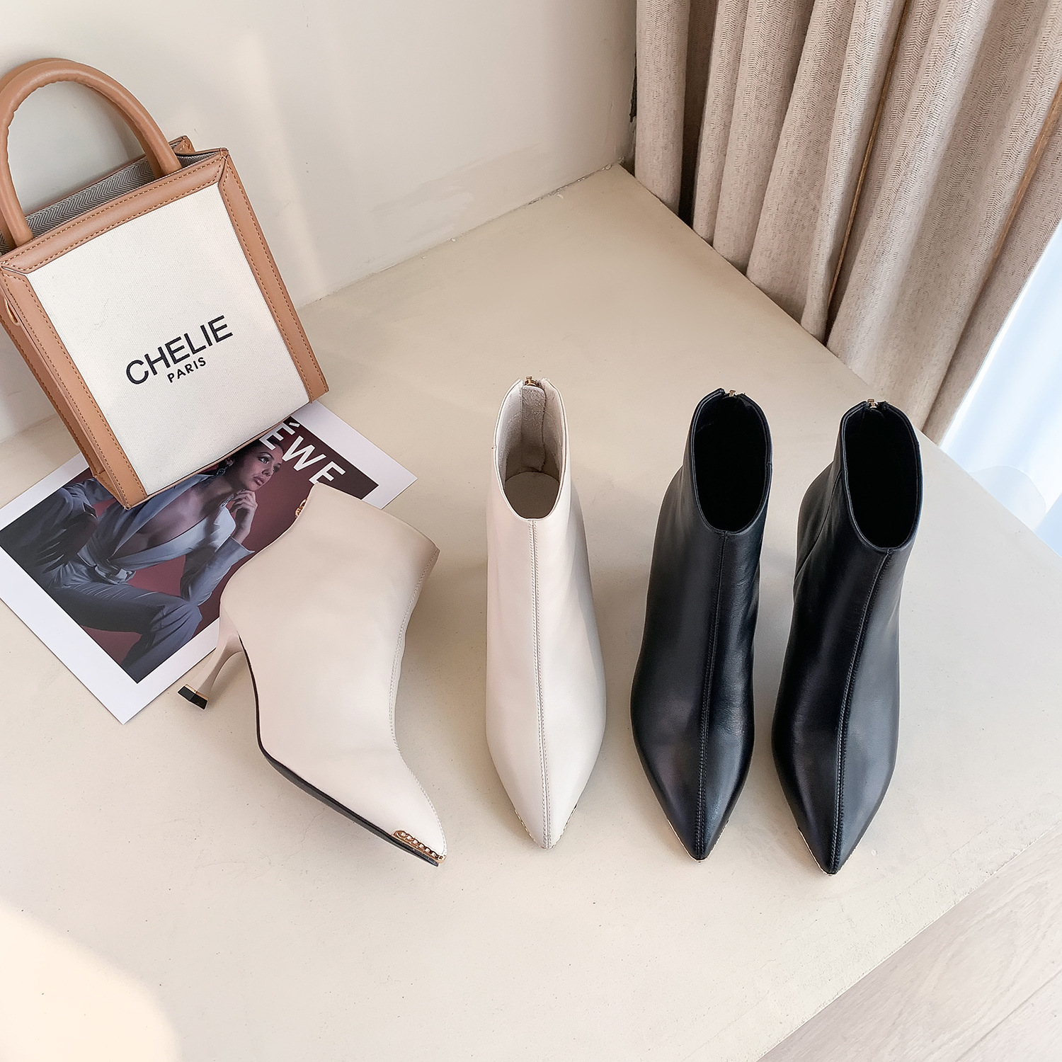 First layer cowhide fashion boots female 202 autumn and winter new pointy low tube high heel ankle boots a generation of women's leather boots