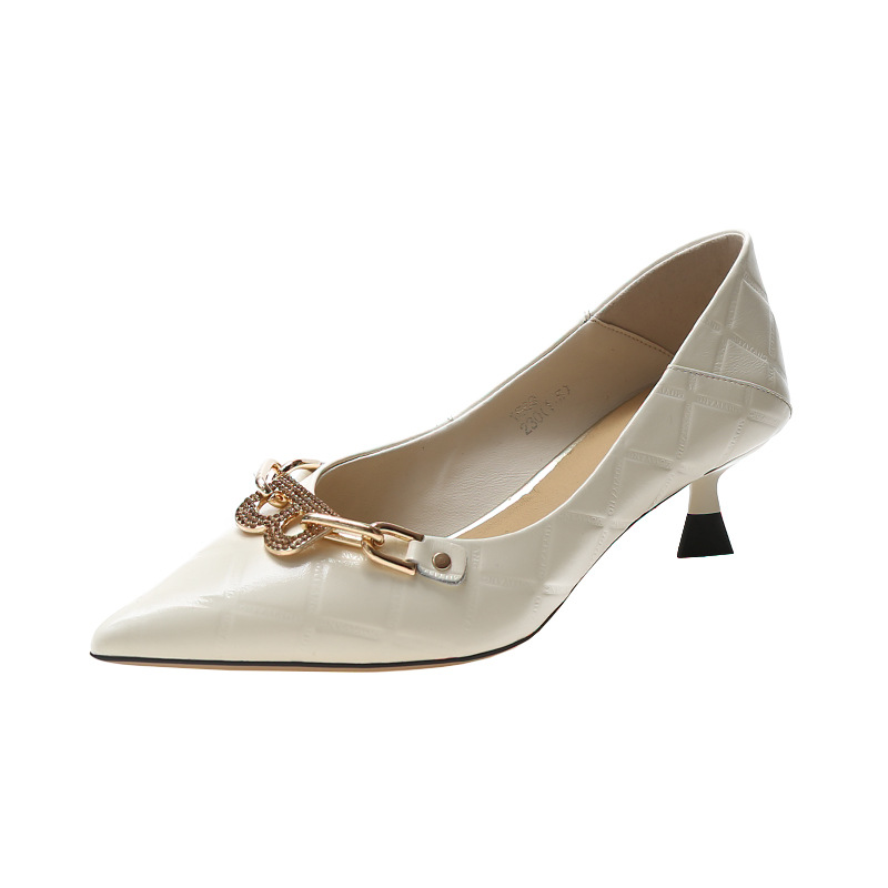 Pressure flower head layer cowhide high-heeled shoes female 202 autumn new pointy shallow mouth fashion shoes single generation hair women's shoes