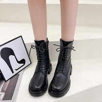 Top layer cowhine Martin boots woman 202 autumn/winter new British style thick bottom medium tube black leather boots for hair