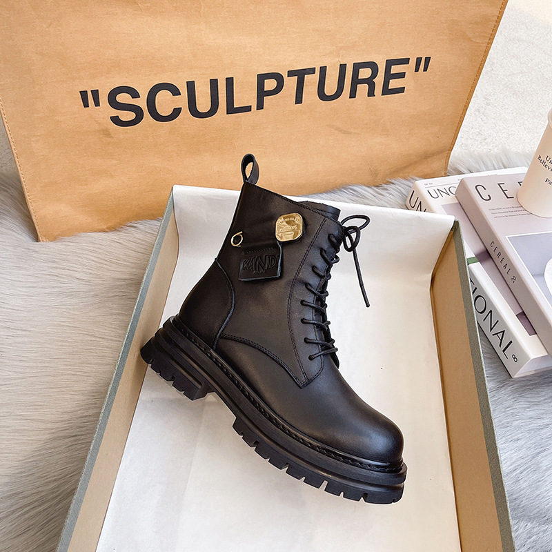 Top layer cove Martin boots woman 202 autumn/winter new round head black English style side zipper ankle boots a hair replacement