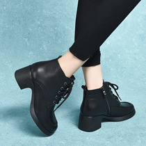 Women's ankle boots 202 autumn/winter new top layer cowhine side zipper round toe women's boots heel strap leather boots casual women's boots