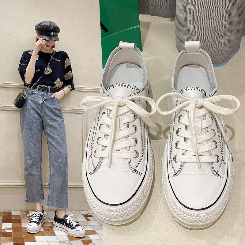 头层牛皮小白鞋女202夏季新款厚底松糕学生板鞋一件代发温州女鞋