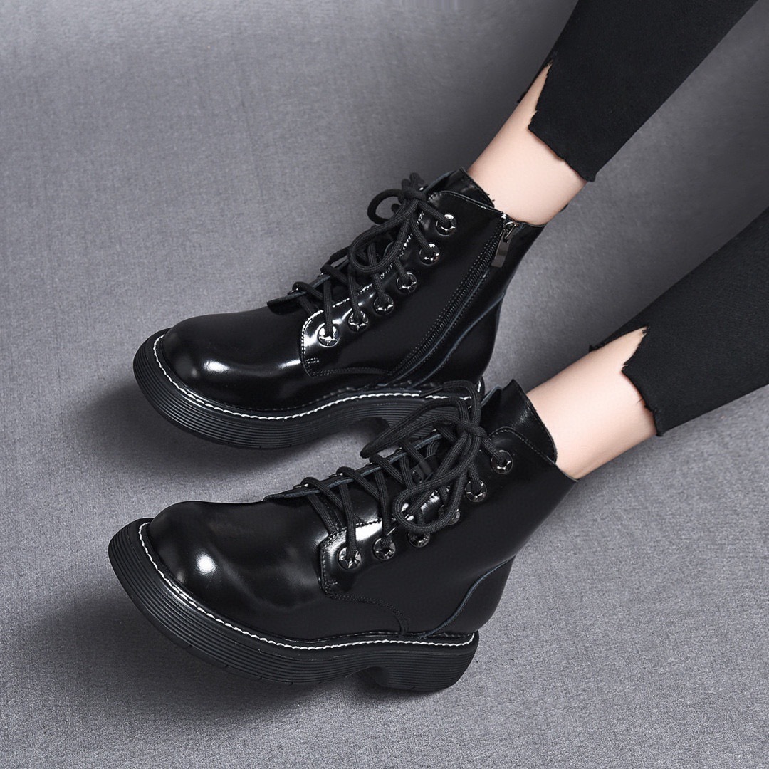 Women's boots 202 autumn/winter new first layer of cowhine leather English style lace-up ankle boots casual flat low heel round top Martin boots