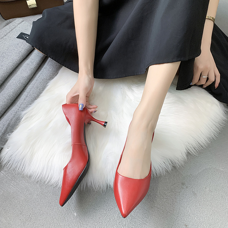 Summer professional pointy stilettos Spring Daily low-top solid black high heels women's top cowhide shoes