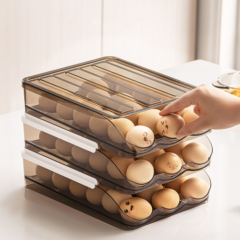 冰箱滚动带盖鸡蛋盒滚鸡蛋收纳盒 厨房透明滚动鸡蛋架一件代发
