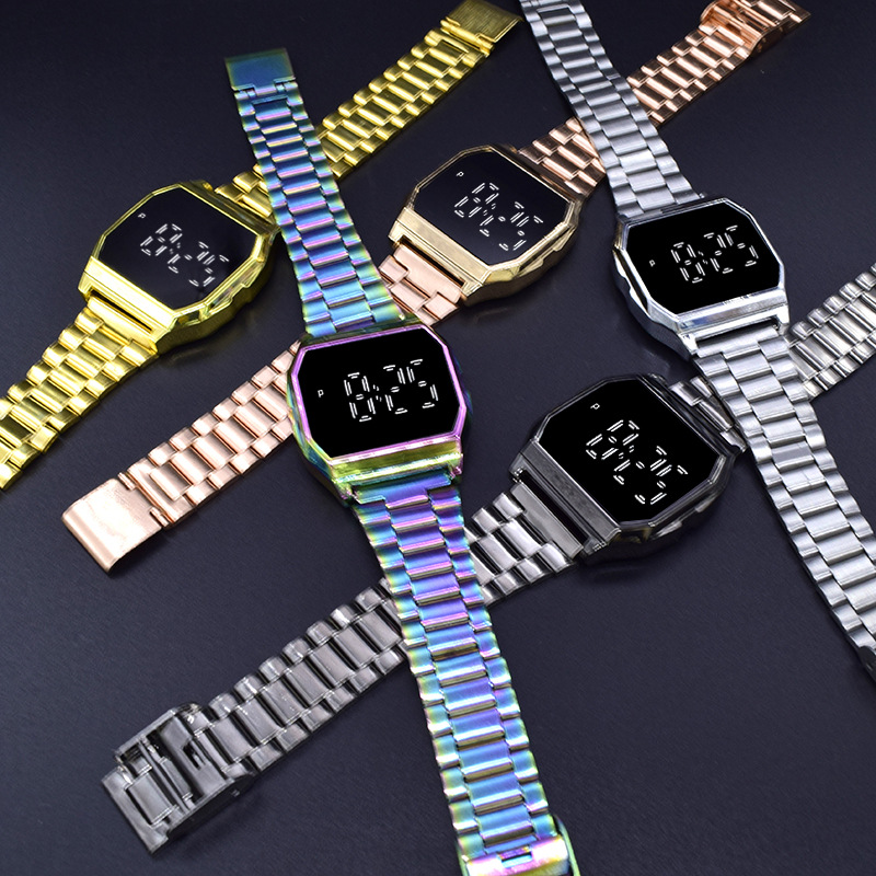 Factory direct sales of F91 metal steel band LED watch, square foreign trade fashionable electronic watch, touch watch for students, men and women details Picture