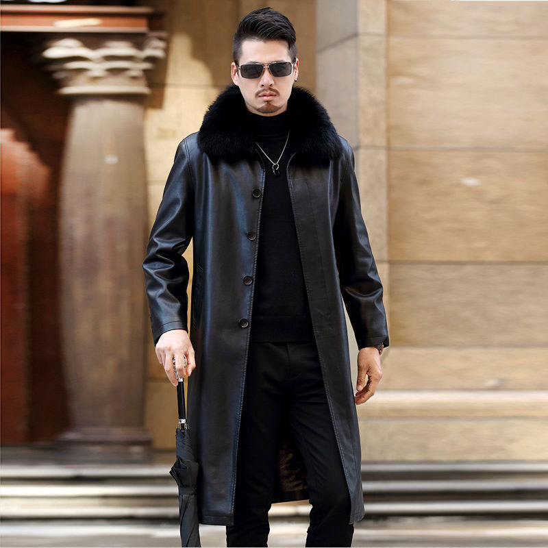 Thickened long fur coat for men, lapel fur one-piece fur coat, thickened knee-length fur coat for men