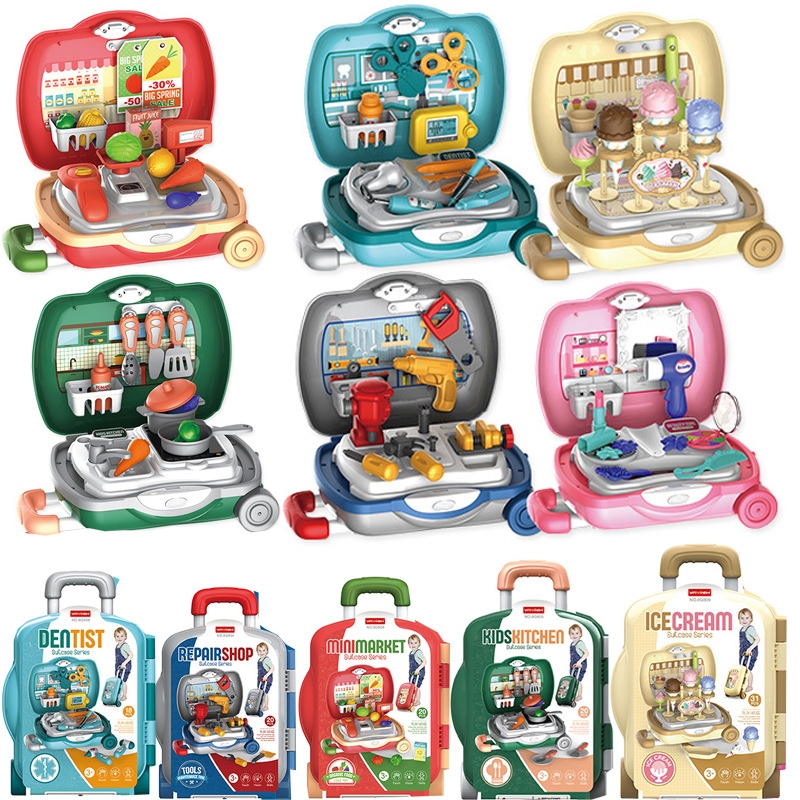 Children's house play portable suitcase, dressing table, Chekele kitchen tableware, medical equipment, trolley case, toy set h full figure