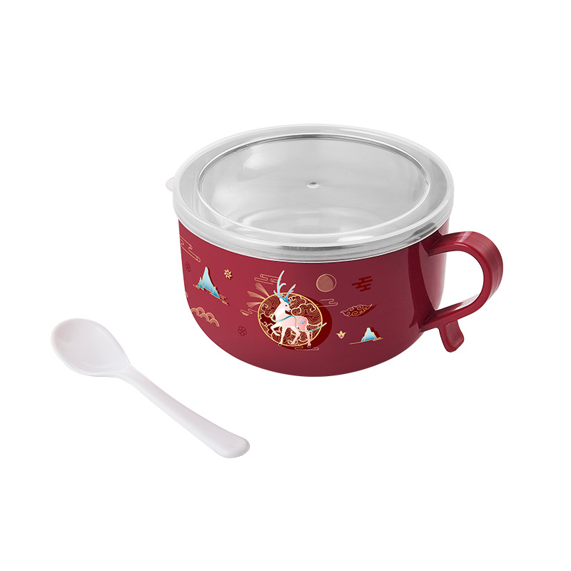 New stainless steel covered instant noodle bowl, Japanese-style cartoon multi-functional student dormitory double-layer instant noodle bowl with rice bowl Item Picture