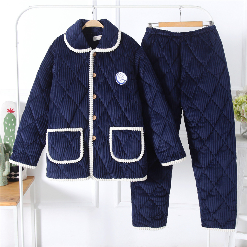 Winter men's cotton sandwich pajamas flannel three layers of cotton sandwich thick warm pajamas set for the elderly home