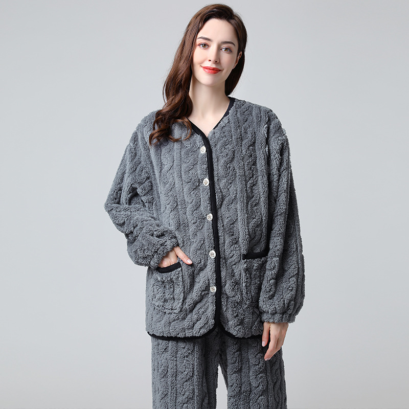 Pajama woman new flannel thickened pajama jacquard home suit long sleeve two sets manufacturers spot wholesale