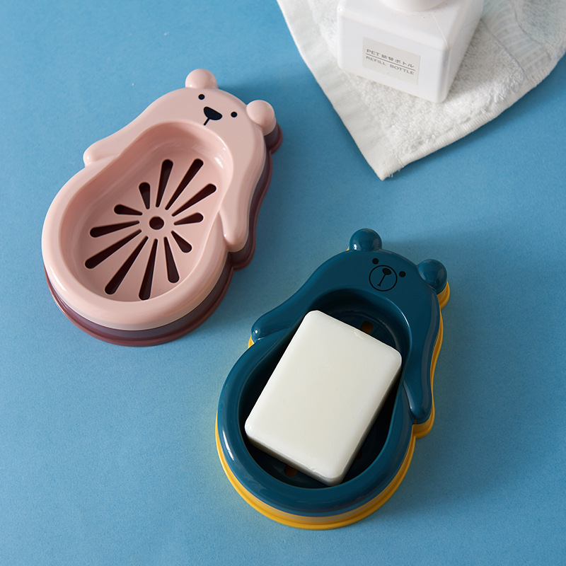 New Bear double-layer draining soap box for bathroom and bath soap box, cute cartoon soap box with lid details Picture
