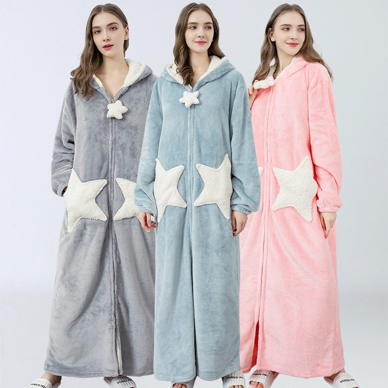 Lovely spring and autumn thick nightdress pyjamas women winter flannel men zipper long nightgown coral velvet a hair