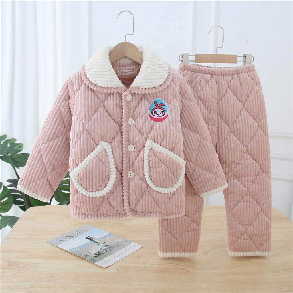 Autumn and winter children's padded padded flannel pajamas boys and girls home wear children's coral down warm cotton set