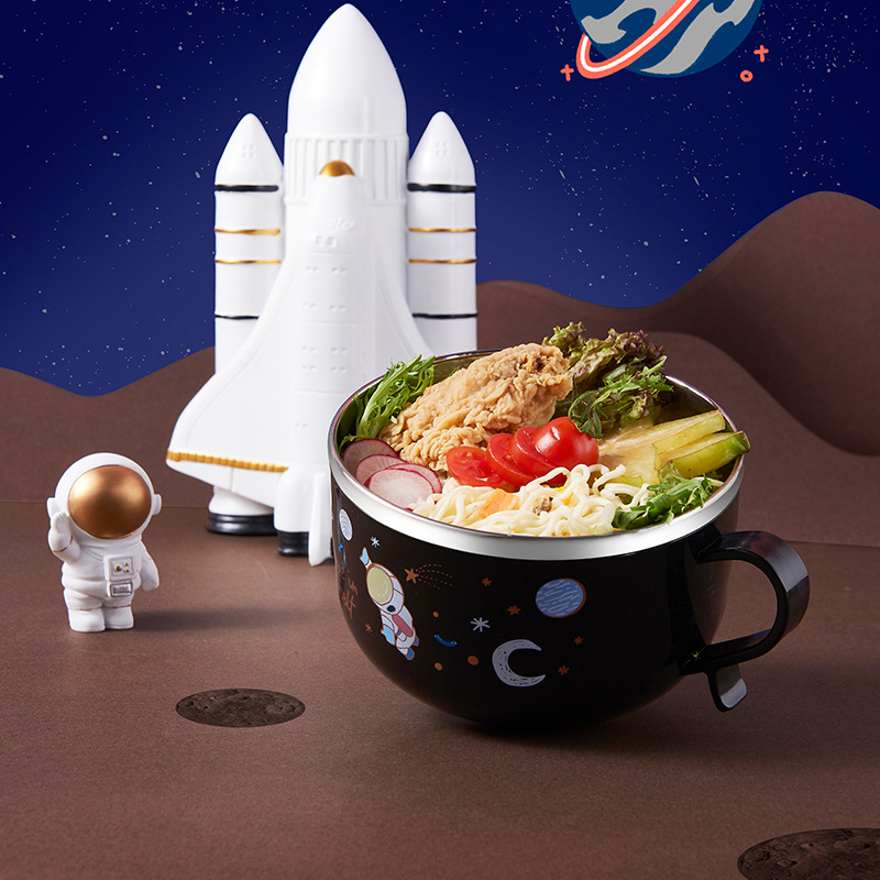 New Astronaut stainless steel instant noodle bowl, Japanese-style cartoon student dormitory double-layer instant noodle bowl with rice bowl and lid