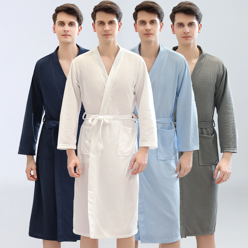 Waffle Japanese kimono bathrobe men's summer thin bathrobe home trade long bathrobe pyjamas sweat steaming suit