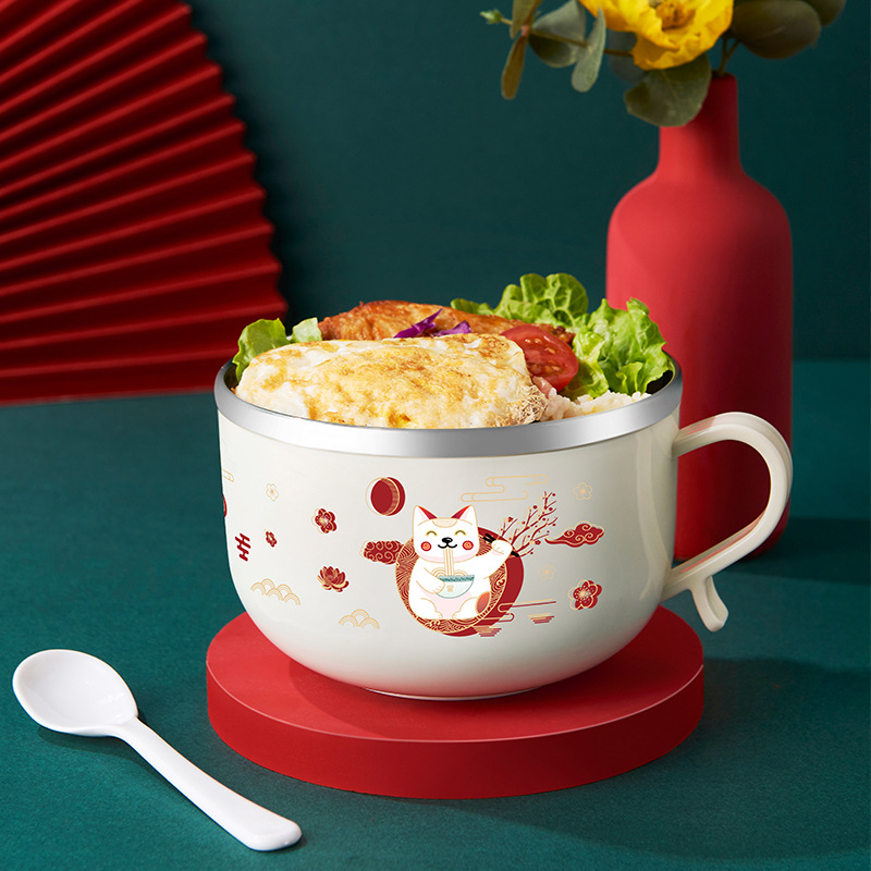 New stainless steel covered instant noodle bowl, Japanese-style cartoon multi-functional student dormitory double-layer instant noodle bowl with rice bowl Application Scenario