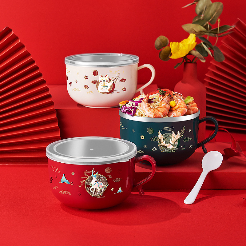 New stainless steel covered instant noodle bowl, Japanese-style cartoon multi-functional student dormitory double-layer instant noodle bowl with rice bowl details Picture