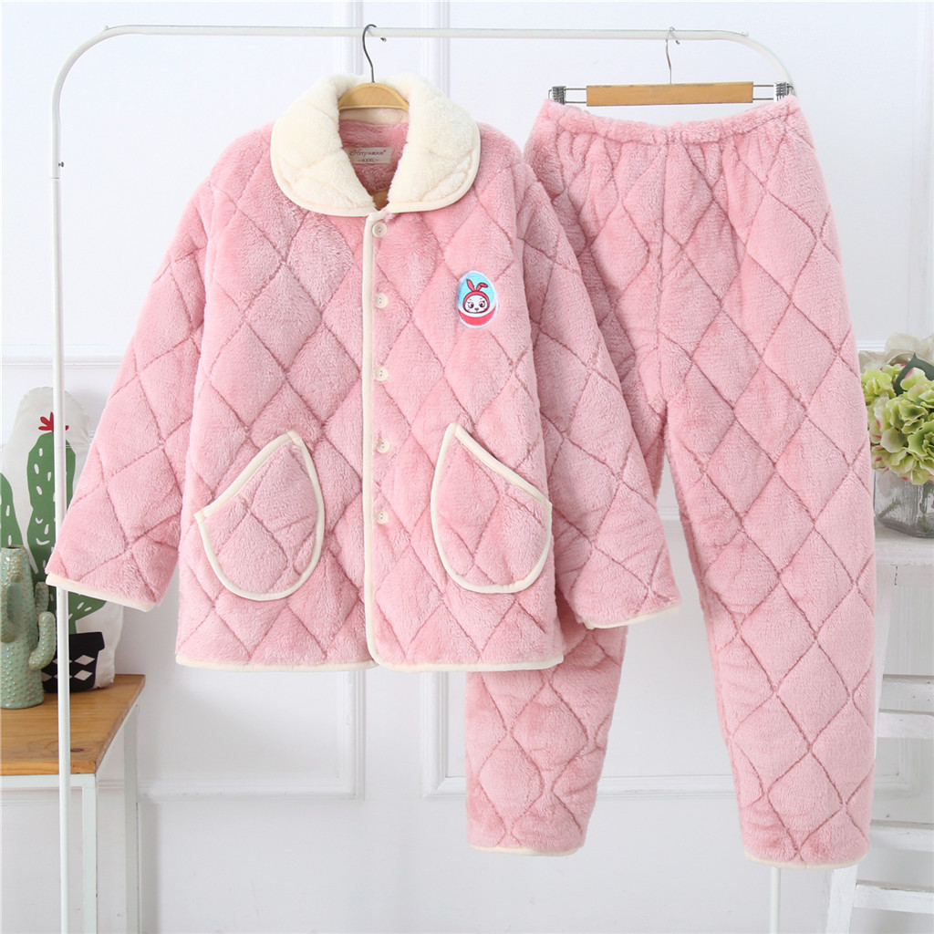 Winter lady cotton sandwich pajamas flannel three layers cotton sandwich thick warm pajamas set for the elderly home