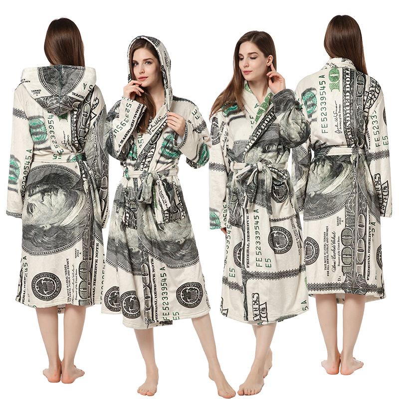 European and American new dollar printed dressing gown for men and women home clothes warm dressing gown flannel bathrobe personality bathrobe