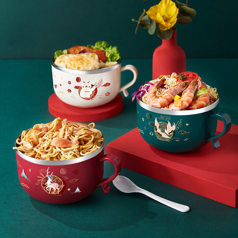 New stainless steel covered instant noodle bowl, Japanese-style cartoon multi-functional student dormitory double-layer instant noodle bowl with rice bowl Specification image