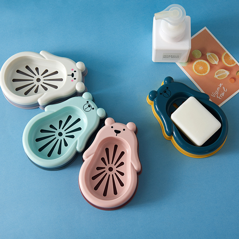 New Bear double-layer draining soap box for bathroom and bath soap box, cute cartoon soap box with lid