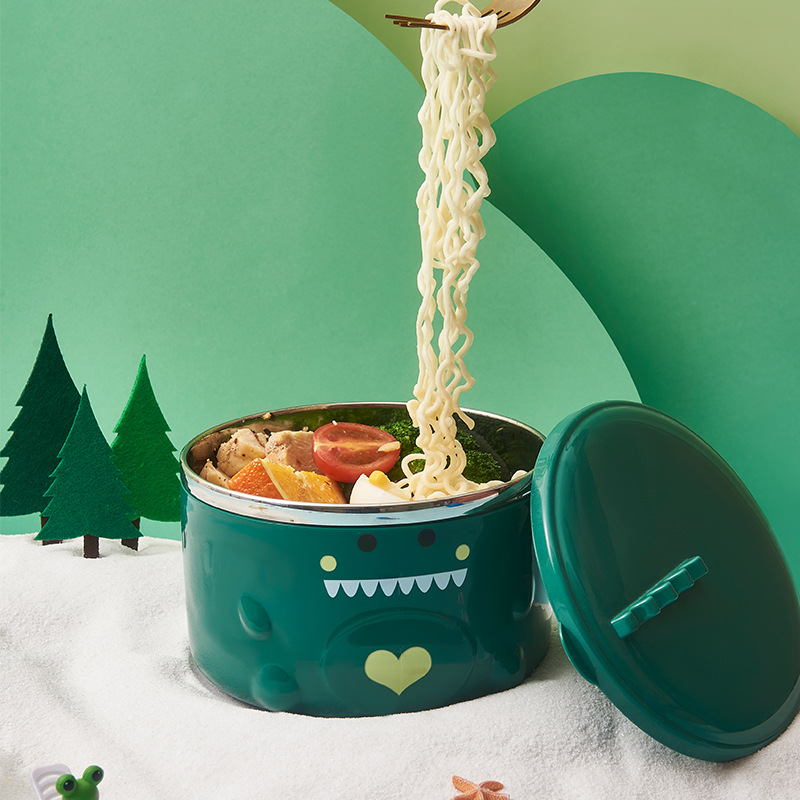The manufacturer's new stainless steel instant noodle bowl, heat-resistant with lid, lunch box, children's cartoon dinosaur, Japanese portable bowl set