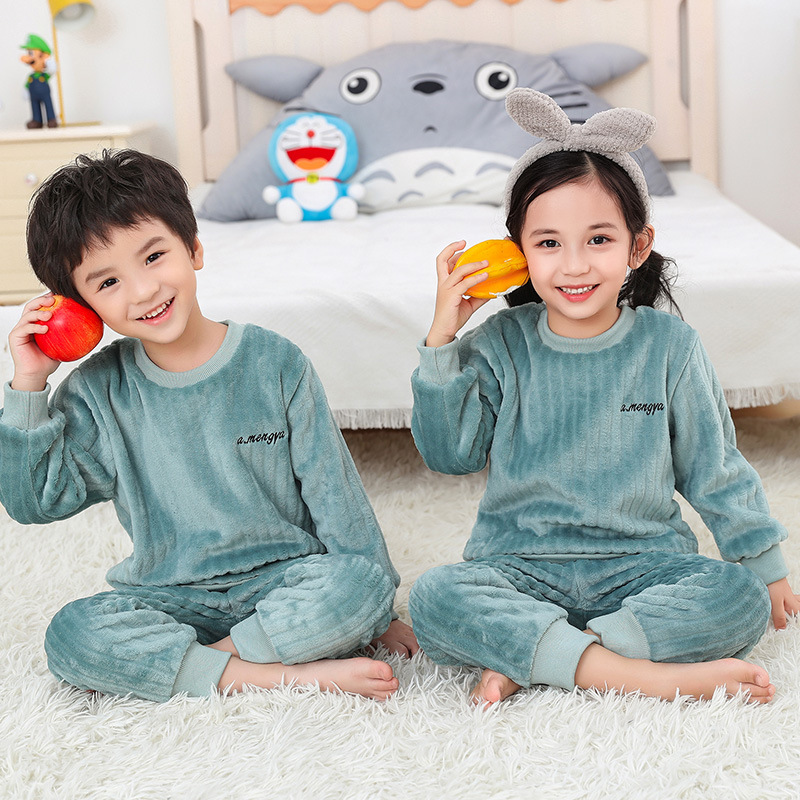 Warm underwear sets for boys and girls with fleece and thick autumn and winter children's clothing home wear pit strip warm pants sets