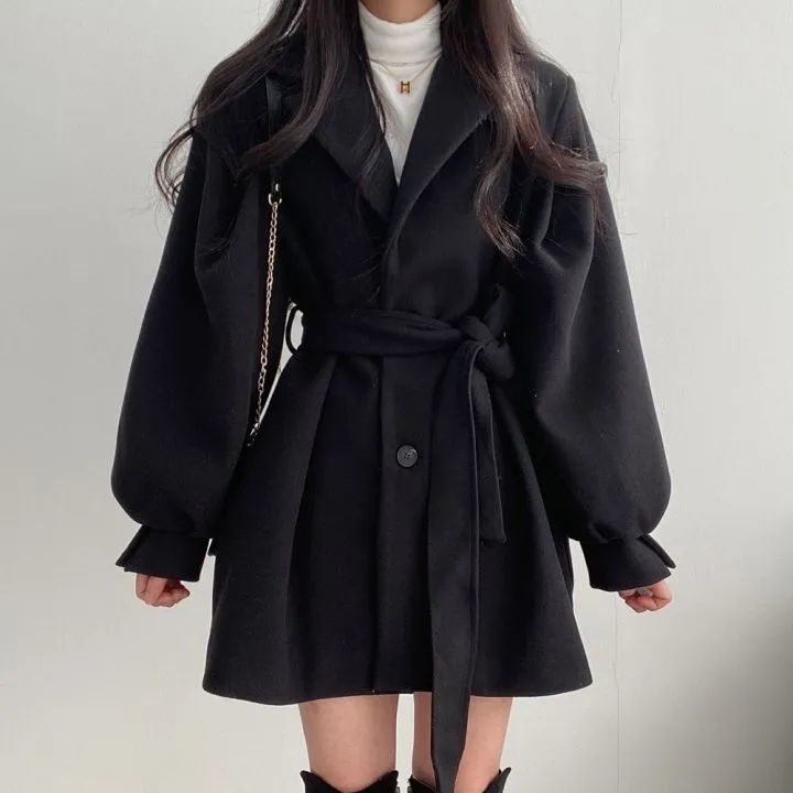 A petite blazer with a long woolen coat in the Hepburn style for the 2021 autumn and winter, featuring a stylish belt and a trendy overcoat details Picture