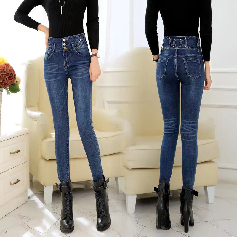 2021 Spring and Autumn new style button-down, high-waisted stretch jeans for women, Korean-style slimming and petite pants, form-fitting pencil pants Specification image