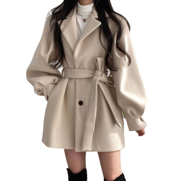 A petite blazer with a long woolen coat in the Hepburn style for the 2021 autumn and winter, featuring a stylish belt and a trendy overcoat Item Picture