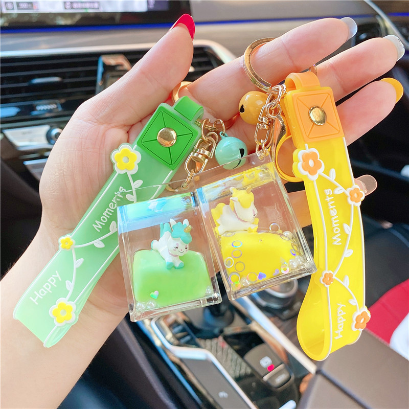 Internet celebrity ins liquid oil unicorn milk box floating bottle keychain student schoolbag pendant flow small pendant details Picture