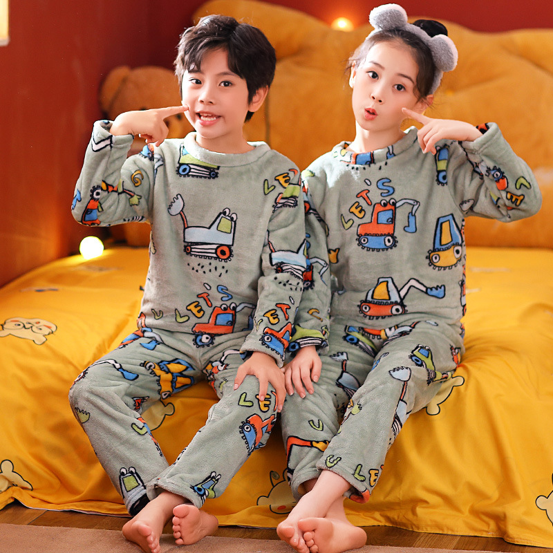 Children's warm pajamas boys and girls big children's flannel coral thick home clothing set wholesale