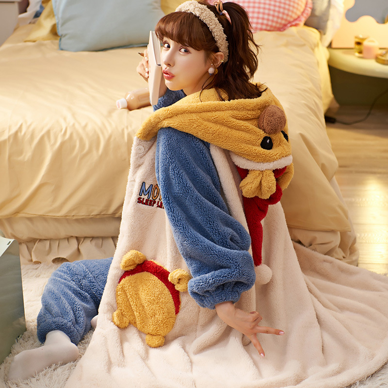 Pajama Women's Autumn and Winter 2021 New Coral fleece thickened Warm winter plush Cartoon home wear set