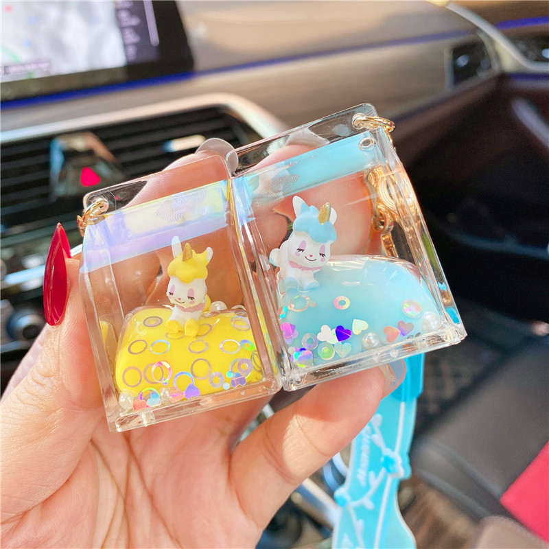 Internet celebrity ins liquid oil unicorn milk box floating bottle keychain student schoolbag pendant flow small pendant Application Scenario