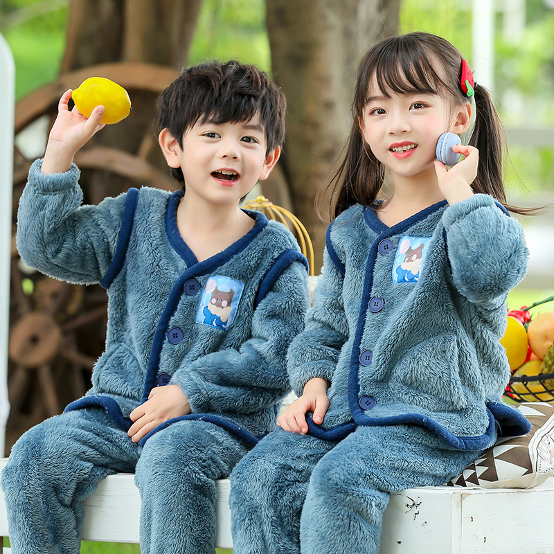 Autumn and winter children flannel pajamas boys and girls and boys with velvet and thick coral velvet home clothing set wholesale