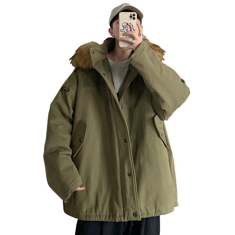 Amekaki retro workwear solid color cotton-padded jacket Loose 2021 autumn and winter men's and women's casual warm bread jacket cotton-padded jacket Item Picture