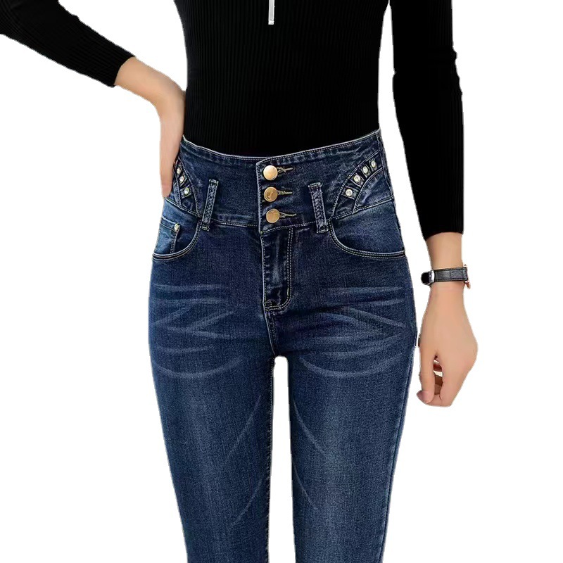 2021 Spring and Autumn new style button-down, high-waisted stretch jeans for women, Korean-style slimming and petite pants, form-fitting pencil pants Item Picture