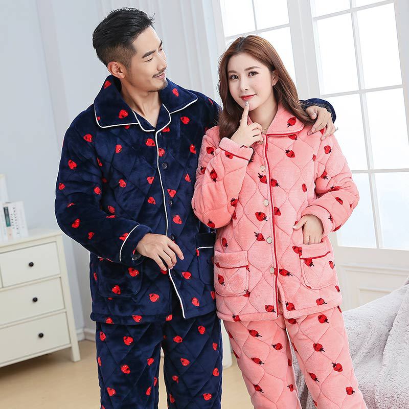 Winter triple thickened cotton flannel warm coral down strawberry home suit for men and women