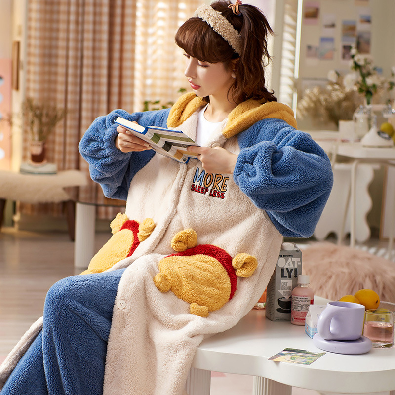 Pajama Women's Autumn and Winter 2021 New Coral fleece thickened Warm winter plush Cartoon home wear set details Picture