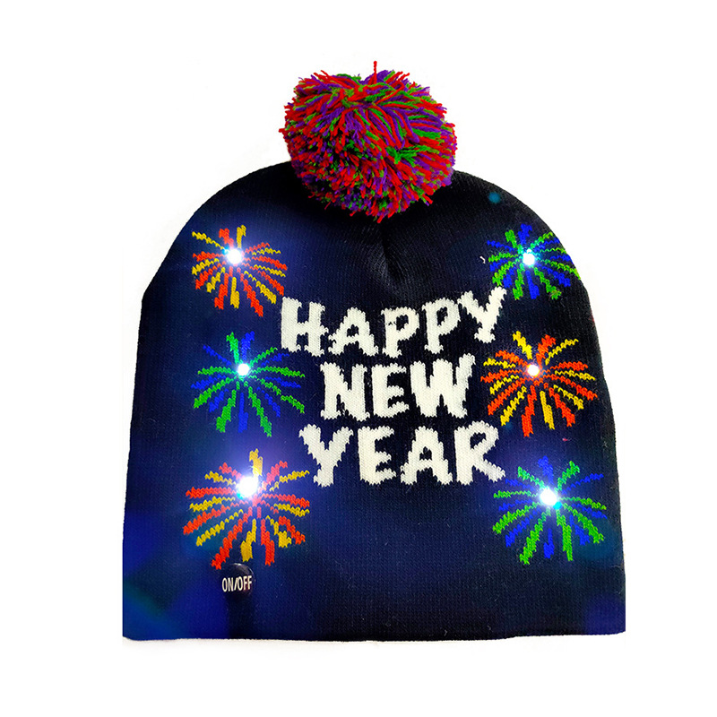 新款圣诞节HAPPY NEW YEAR亮光LED灯帽跨境亚马逊结庆针织帽