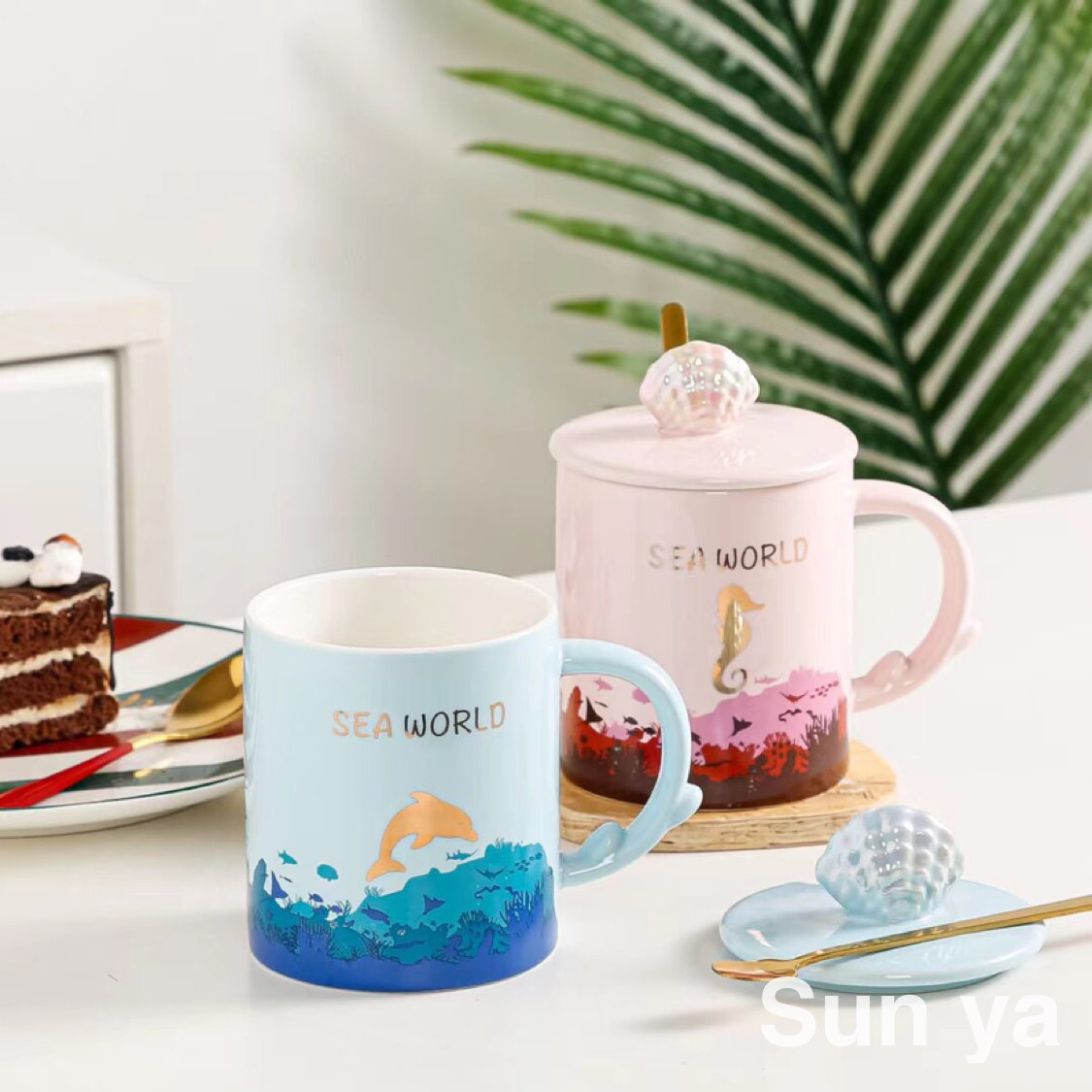 热销手绘海洋风贝壳陶瓷杯子创意马克杯带盖带勺咖啡杯办公水杯